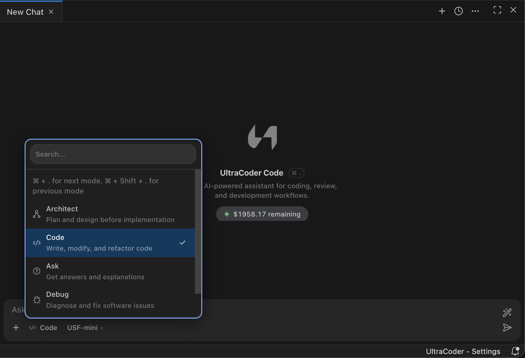 UltraCoder mode selector in the chat panel