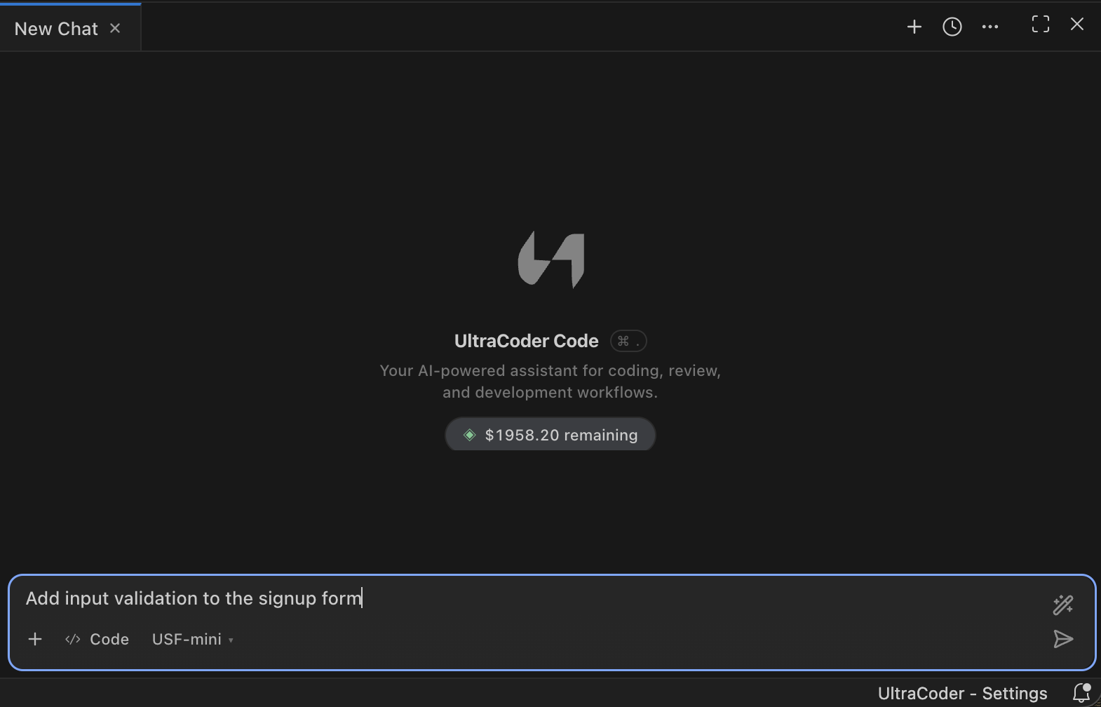 Typing a task in the UltraCoder chat input